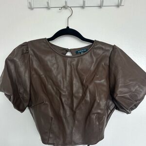 Zara Brown Faux Leather Blouse with Puff Sleeves